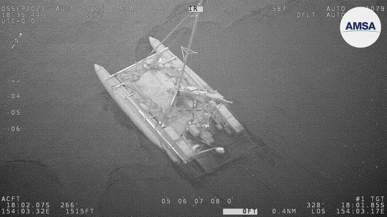 Shark attacks damaged the catamaran's inflatable hull, the Australian Maritime Safety Authority said.