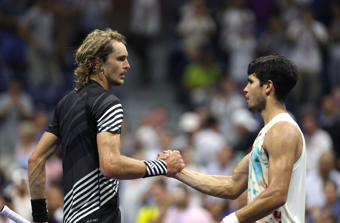 NEW YORK, NEW YORK - SEPTEMBER 06: Carlos Alcaraz of Spain shakes hands after defeating Alexander Zverev of Germany during their Men's Singles Quarterfinal match on Day Ten of the 2023 US Open at the USTA Billie Jean King National Tennis Center on September 06, 2023 in the Flushing neighborhood of the Queens borough of New York City. (Photo by Clive Brunskill/Getty Images)