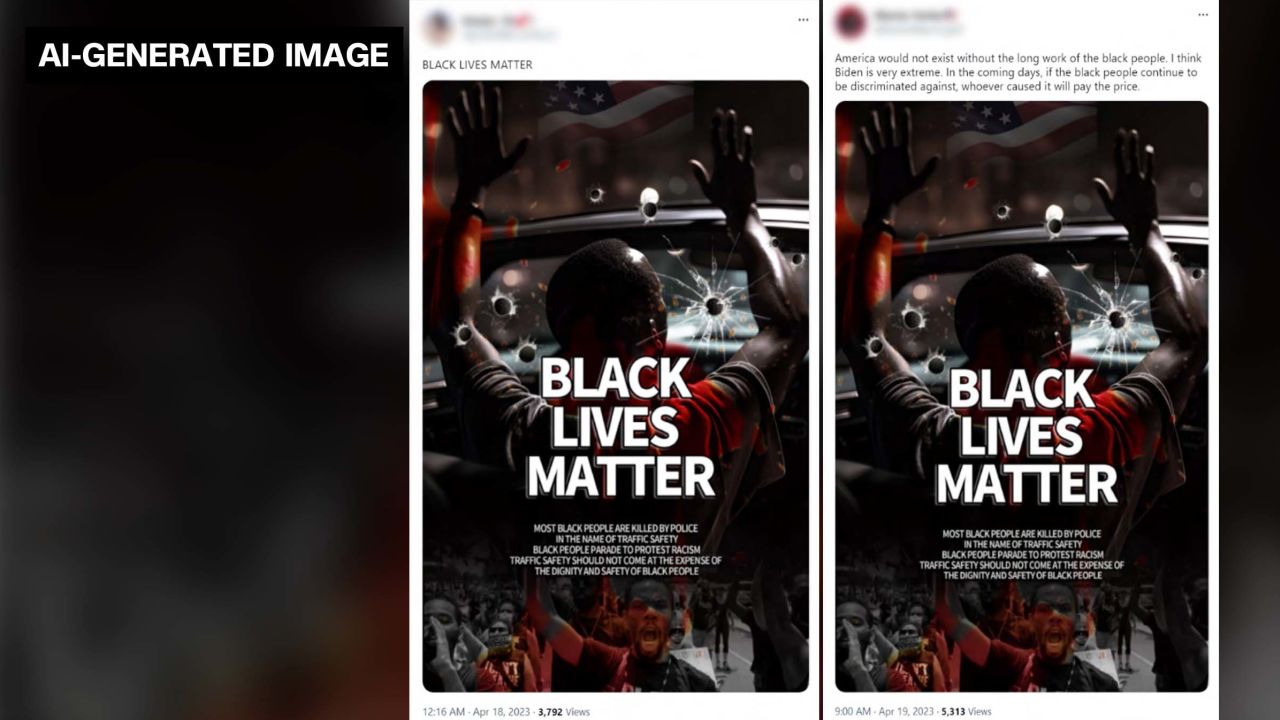 Example of an AI-generated image posted by a suspected Chinese IO asset, shared in a Microsoft Threat Intelligence report. A Black Lives Matter graphic first uploaded by a CCP-affiliated automated account was then uploaded by an account impersonating a US conservative voter seven hours later.
