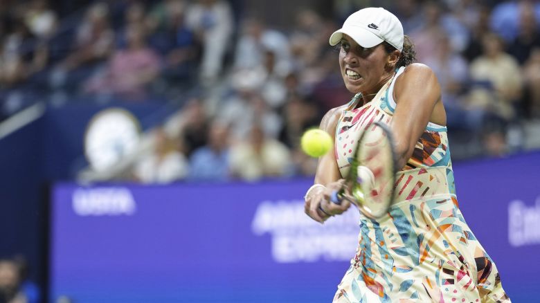 Madison Keys in action during a women's singles quarterfinal match at the 2023 US Open, Wednesday, Sep. 6, 2023 in Flushing, NY. (Darren Carroll/USTA via AP)