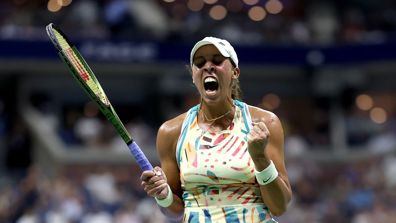 NEW YORK, NEW YORK - SEPTEMBER 06: Madison Keys of the United States celebrates match point against Marketa Vondrousova of the Czech Republic during their Women's Singles Quarterfinal match on Day Ten of the 2023 US Open at the USTA Billie Jean King National Tennis Center on September 06, 2023 in the Flushing neighborhood of the Queens borough of New York City. (Photo by Clive Brunskill/Getty Images)