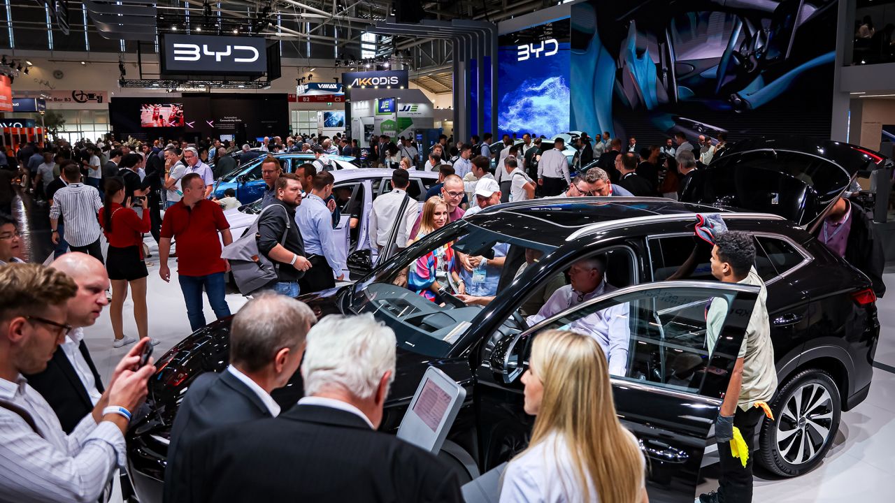 Visitors looking at BYD vehicles at the IAA Mobility 2023 international motor show on September 6 in Munich.