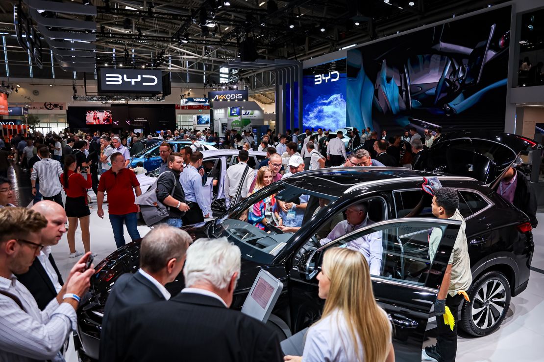Visitors looking at BYD vehicles at the IAA Mobility 2023 international motor show on September 6 in Munich.