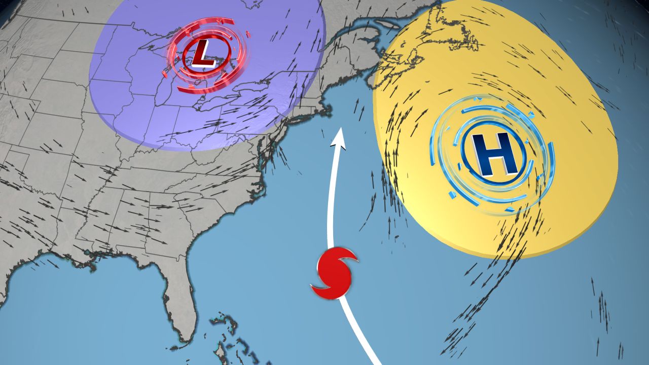  Потенциалната траектория на Лий следващата седмица ще се определя от множество атмосферни фактори, включително силна зона с високо налягане на изток (жълт кръг) и струйно течение (сребърни стрелки) на запад.