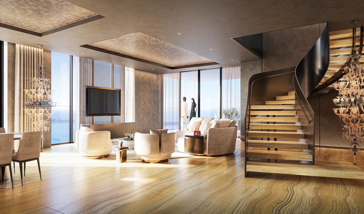 Increasingly, fashion brands have been opening residential towers and hotels. Pictured here: A gold version of a living room in 888 Brickell.