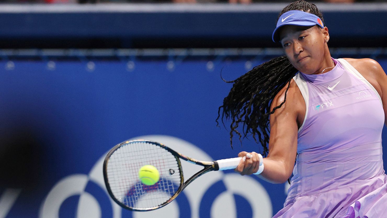 Naomi Osaka hits a ball during a match at the Toray Pan Pacific Open in Tokyo on September 20, 2022. 