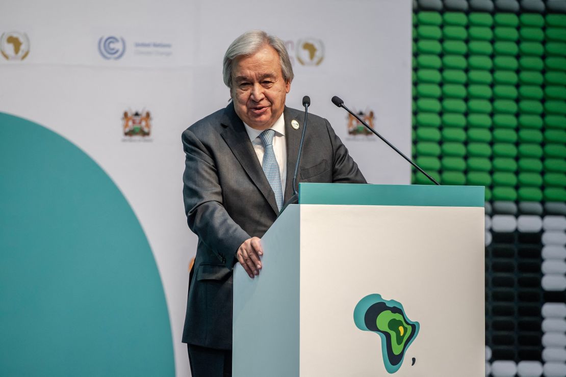 Secretary General of the United Nations Antonio Guterres delivers his remarks during the Africa Climate Summit 2023 at the Kenyatta International Convention Centre (KICC) in Nairobi on September 5, 2023. (Photo by Luis Tato / AFP) (Photo by LUIS TATO/AFP via Getty Images)