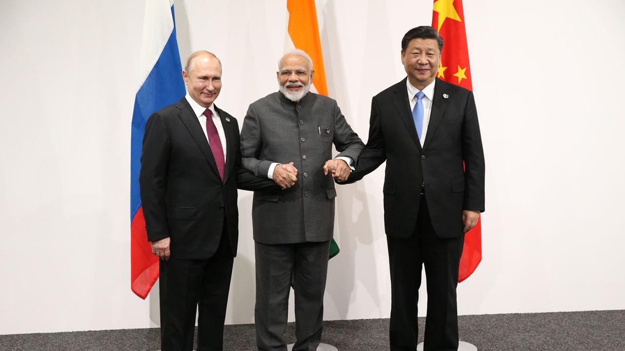 Russian President Vladimir Putin, Indian Prime Minister Narendra Modi and Chinese leader Xi Jinping at the 2019 G20 Summit in Osaka, Japan.