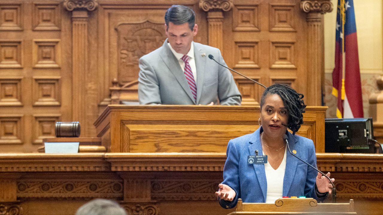 Sen. Nikki Merritt speaks at the Georgia State Capitol in Atlanta in February 2021.