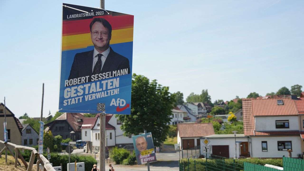 An election campaign poster shows the AfD's Robert Sesselmann, who won a district election in Sonneberg in the eastern German state of Thuringia. 