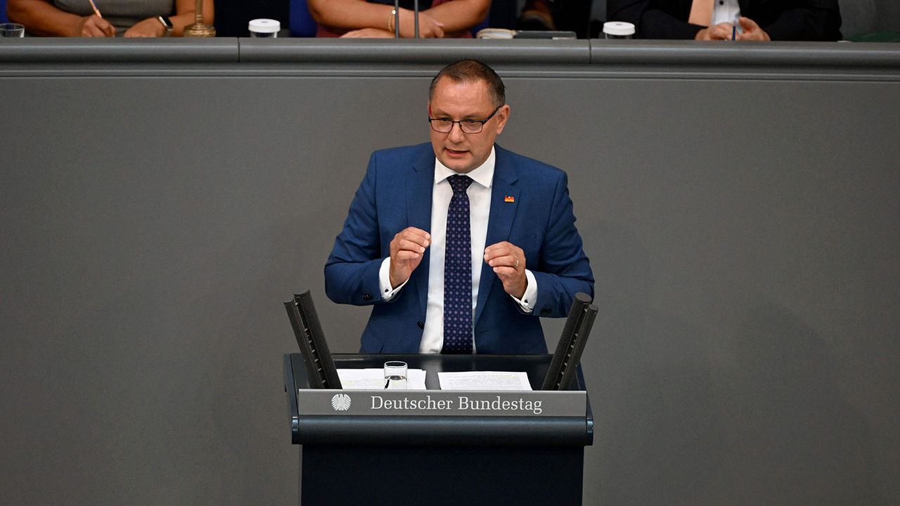 Tino Chrupalla, co-leader of the AfD, gives a speech on the 2024 state budget at the Bundestag.
