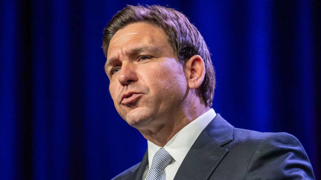 Florida Governor and 2024 Republican Presidential hopeful Ron DeSantis speaks at the Republican Party of Iowa's 2023 Lincoln Dinner at the Iowa Events Center in Des Moines, Iowa, on July 28, 2023. (Photo by Sergio FLORES / AFP) (Photo by SERGIO FLORES/AFP via Getty Images)