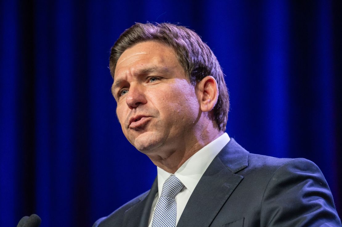 Florida Governor and 2024 Republican Presidential hopeful Ron DeSantis speaks at the Republican Party of Iowa's 2023 Lincoln Dinner at the Iowa Events Center in Des Moines, Iowa, on July 28, 2023. (Photo by Sergio FLORES / AFP) (Photo by SERGIO FLORES/AFP via Getty Images)