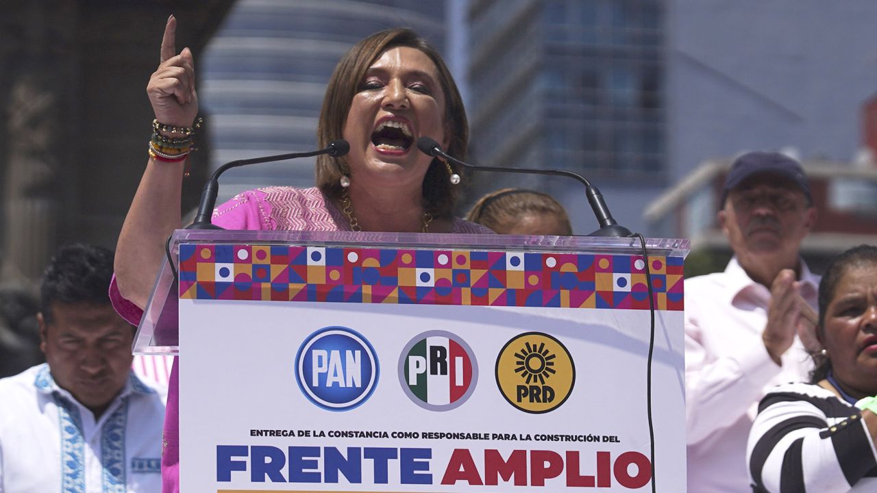 Senator Xóchitl Gálvez, opposition candidate for Mexico's 2024 presidential election, speaks at the Angel of Independence monument, in Mexico City, on Sunday.