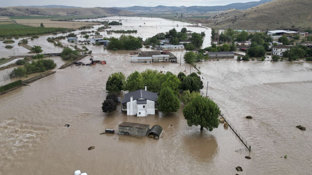 Floodwaters submerged houses and farms in the village of Kastro, near Larissa, in Greece's Thessaly region, September 7 2023.