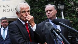 Peter Navarro, adviser to former President Donald Trump, faces reporters after he was convicted of contempt of Congress for refusing to cooperate with the House of Representatives committee investigating the January 6, 2021 attack on the Capitol, following his trial at US District Court in Washington, DC, on Thursday, September 7.