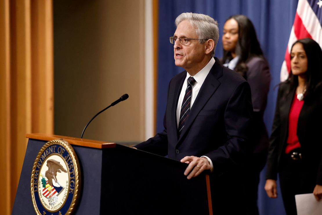 WASHINGTON, DC - JANUARY 24: U.S. Attorney General Merrick Garland speaks during a news conference on a new antitrust lawsuit against Google at the Justice Department on January 24, 2023 in Washington, DC. The Justice Department and states including California, New York, Colorado and Virginia, have filed a lawsuit against Google over the company's monopolization of the market for online ads.  (Photo by Anna Moneymaker/Getty Images)