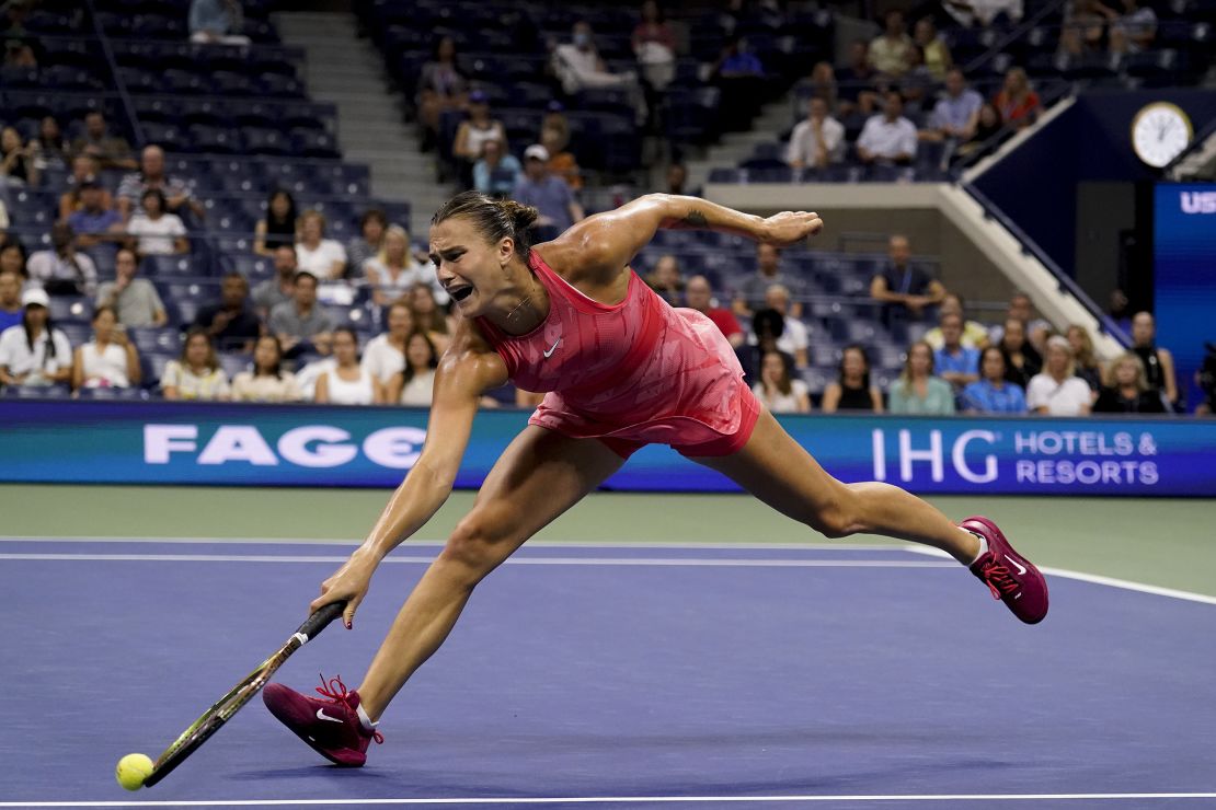 Aryna Sabalenka, of Belarus, can't make a return on a drop shot from Madison Keys, of the United States, during the women's singles semifinals of the U.S. Open tennis championships, Friday, Sept. 8, 2023, in New York. (AP Photo/Charles Krupa)