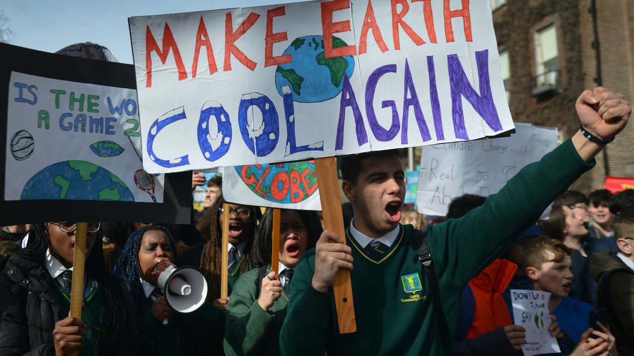 Irish schools students during the "Global School Strike for Climate Action" march from St Stephen's Green to Leinster House, demanding an immediate action on climate change.On Friday, March 15, 2019, in Dublin, Ireland. (Photo by Artur Widak/NurPhoto)