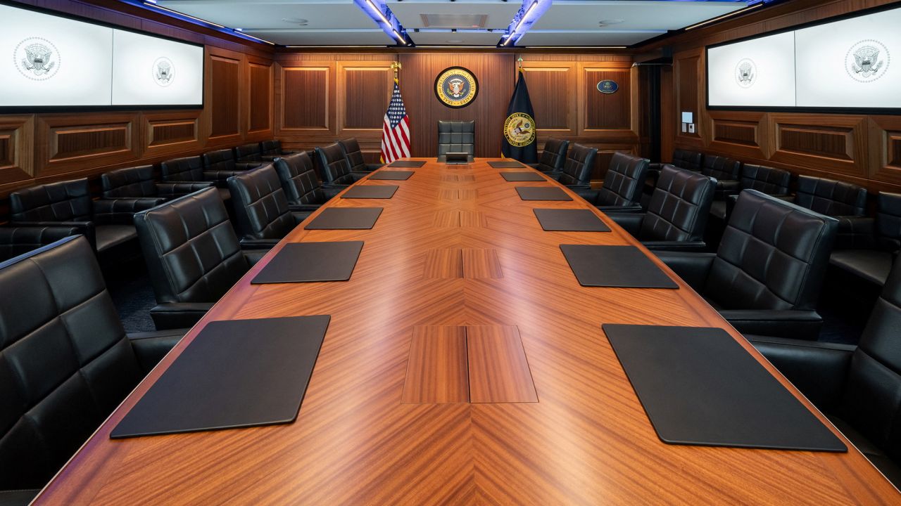 The main meeting room table is seen in the newly renovated White House Situation Room, in a White House handout photo taken in the West Wing of the White House in Washington, DC.