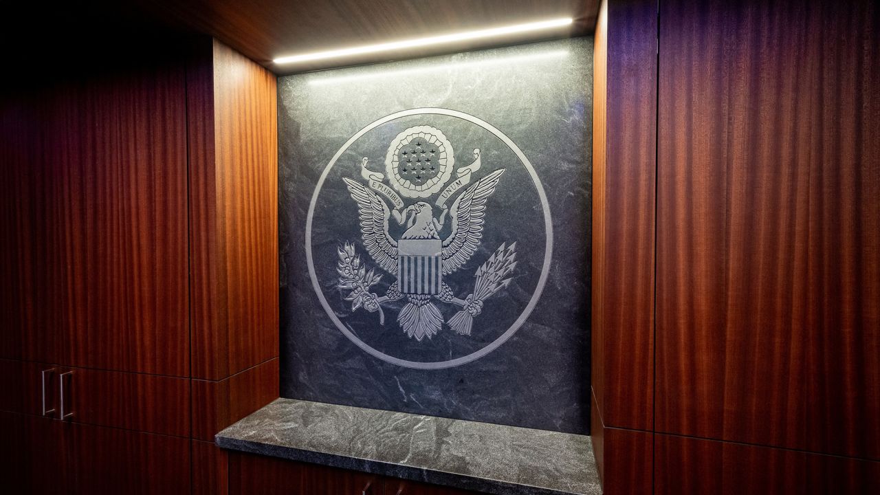 The Great Seal of the United States is seen mounted on a wall of the newly renovated White House Situation Room, in a White House handout photo taken in the West Wing of the White House in Washington, DC. Source: The White House