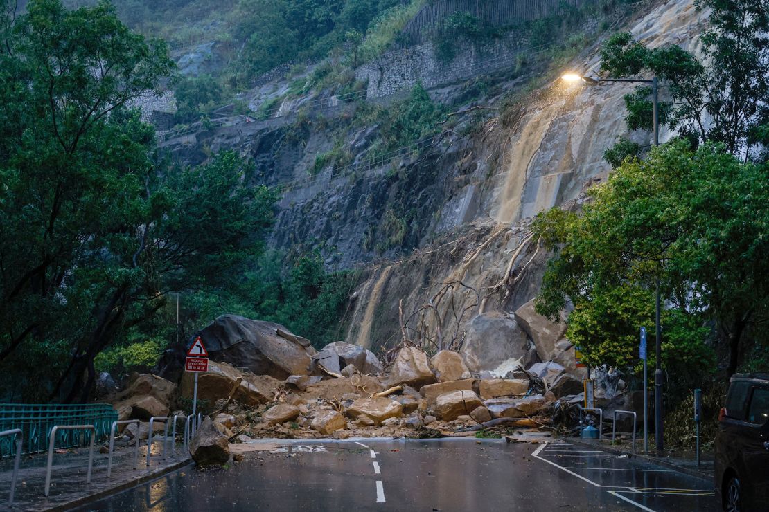 A road blocked due to the debris of a landside after heavy rains, in Hong Kong, on September 8, 2023. 