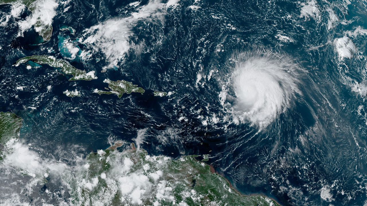 A satellite image provided by NOAA shows Hurricane Lee churning in the Atlantic.