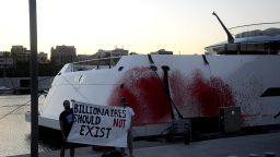 The Walmart heiress Nancy Walton Laurie's megayacht was spray painted by climate activists in Marina Port Vell, Barcelona on September 8 2023. 