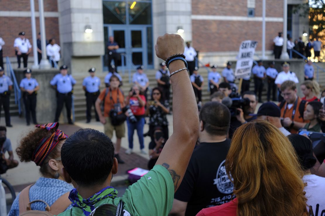 Demonstrators in Philadelphia demand police accountability and justice for Eddie Irizarry on August 31.