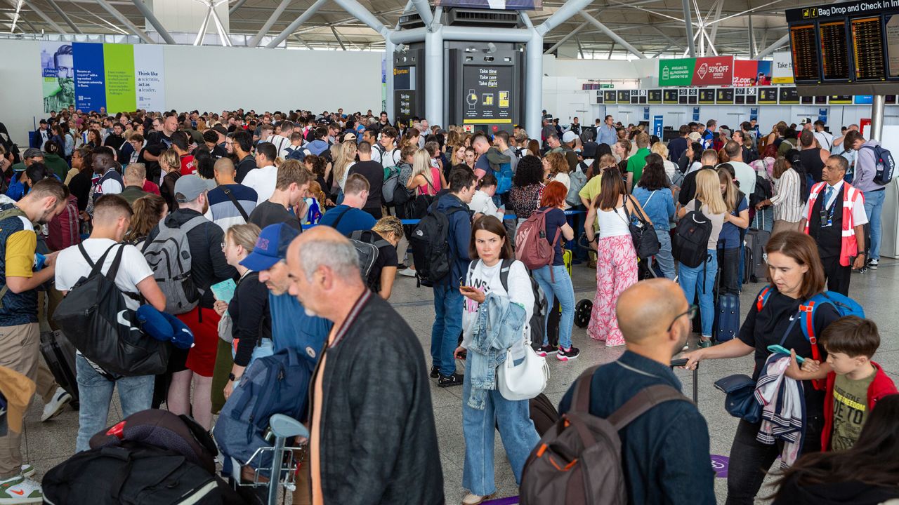 Mandatory Credit: Photo by Bav Media/Shutterstock (14075741aj)The queue the length of the airport at Stansted Airport on Monday afternoon after the problems with air traffic control.Passengers have been told to expect "significant delays" as air traffic controllers across the UK are experiencing a technical fault.One airline reported a "network-wide failure" but NATS, the national air traffic controllers, said UK airspace was not closed but restrictions were in place. Stansted Airport delays, UK - 28 Aug 2023