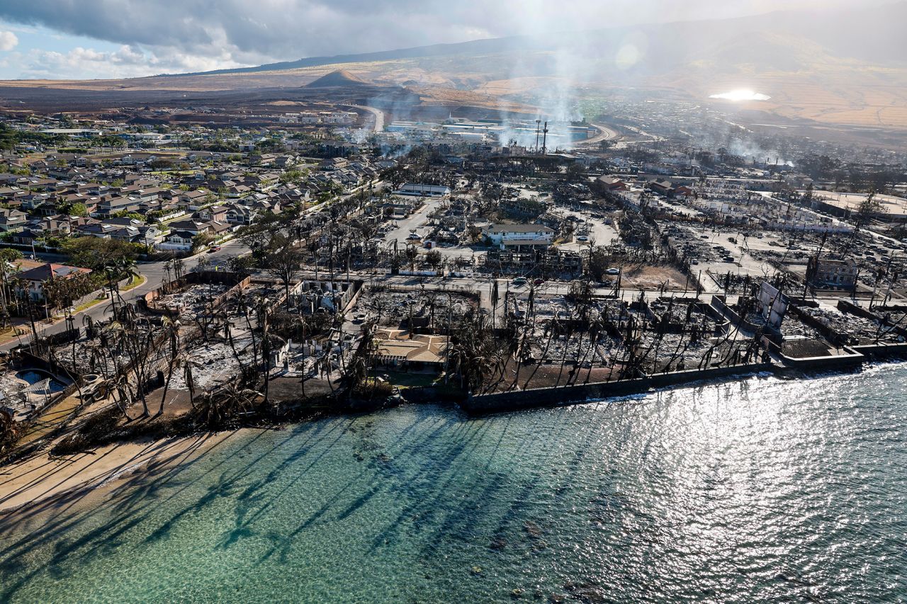 Lahaina, Maui, Thursday, August 11, 2023 - Buildings still smolder days after a wildfire gutted downtown Lahaina. (Robert Gauthier/Los Angeles Times via Getty Images)