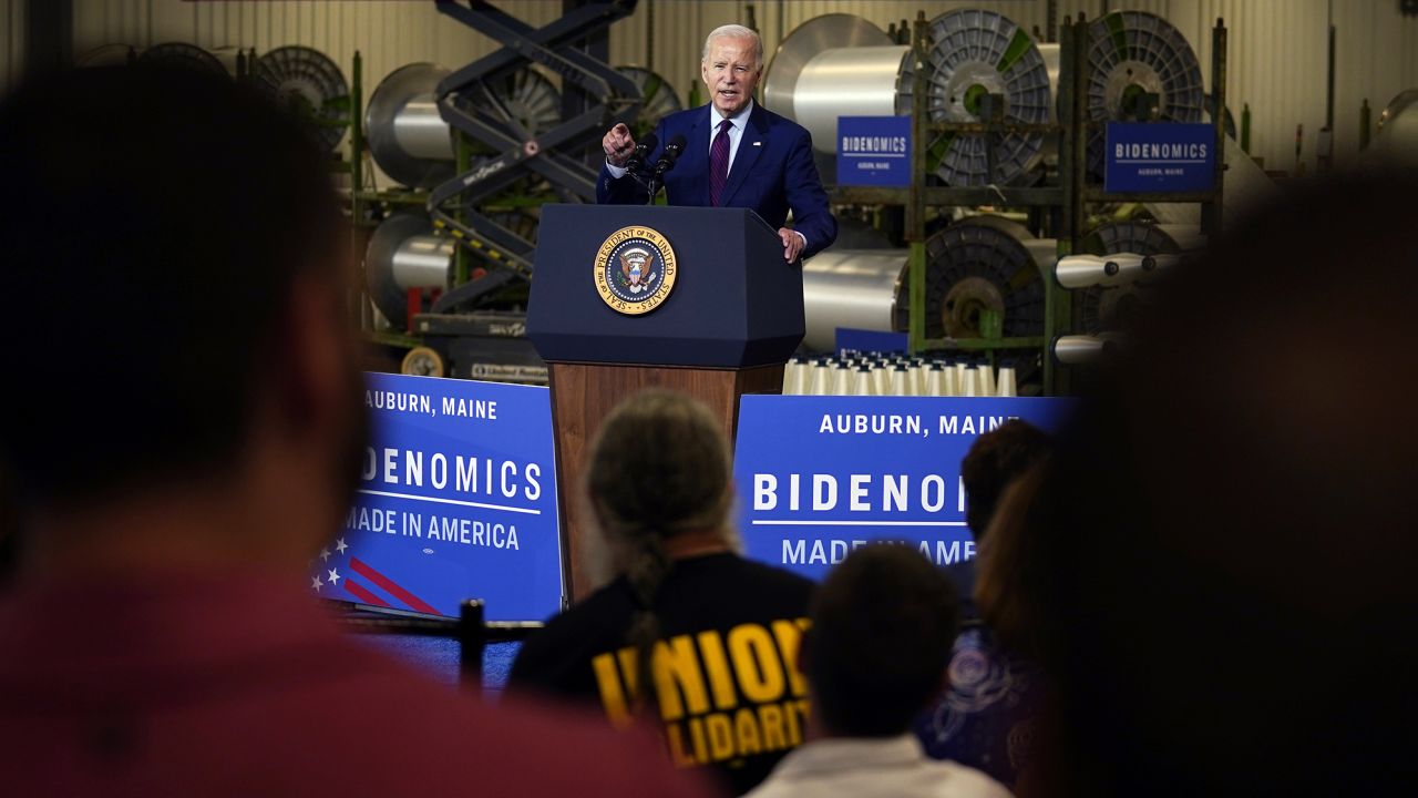 President Joe Biden speaking at Auburn Manufacturing Inc., in Auburn, Maine, Friday, July 28, 2023, before signing an executive order to encourage companies to manufacture new inventions in the United States. 