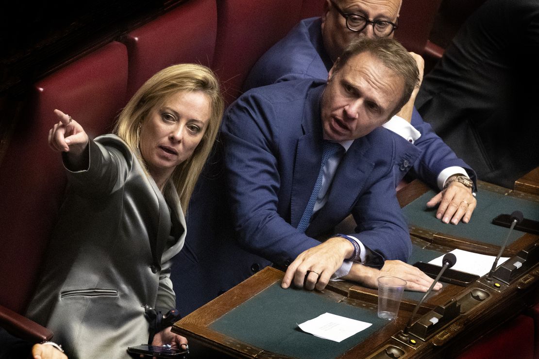 Giorgia Meloni and Francesco Lollobrigida talk during the election of the new President of the Chamber of Deputies, on October 14, 2022 in Rome, Italy. 