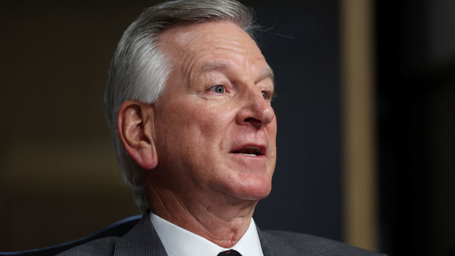 U.S. Senator Tommy Tuberville (R-AL) questions U.S. General Charles Brown Jr. during a U.S. Senate Armed Services Committee hearing on Brown's nomination to be chairman of the Joint Chiefs of Staff, on Capitol Hill in Washington, U.S., July 11, 2023. REUTERS/Kevin Wurm