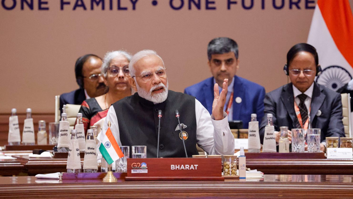 India's Prime Minister Narendra Modi at the first session of the G20 Leaders' Summit at the Bharat Mandapam in New Delhi on September 9, 2023. 