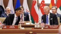 NEW DELHI, INDIA - SEPTEMBER 9:  British Prime Minister Rishi Sunak laughs with US President Joe Biden during the G20 Leaders' Summit on September 9, 2023 in New Delhi, Delhi. This 18th G20 Summit between 19 countries and the European Union, and now the African Union, is the first to be held in India and South Asia. India's Prime Minister, Narendra Modi, is the current G20 President and chairs the summit.  (Photo by Dan Kitwood/Getty Images)