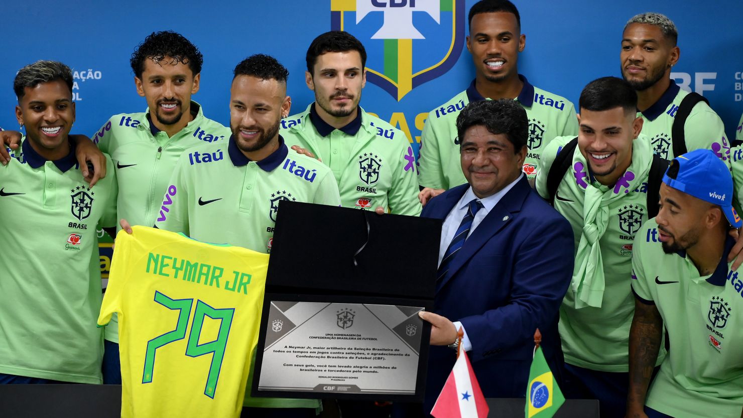 Neymar Jr. receives tribute from CBF after surpassing Pelé with 79 goals and becoming the highest scorer of the Brazilian national team in Fifa accounts after a FIFA World Cup 2026 Qualifier match between Brazil and Bolivia at Mangueirao on September 08, 2023 in Belem, Brazil.