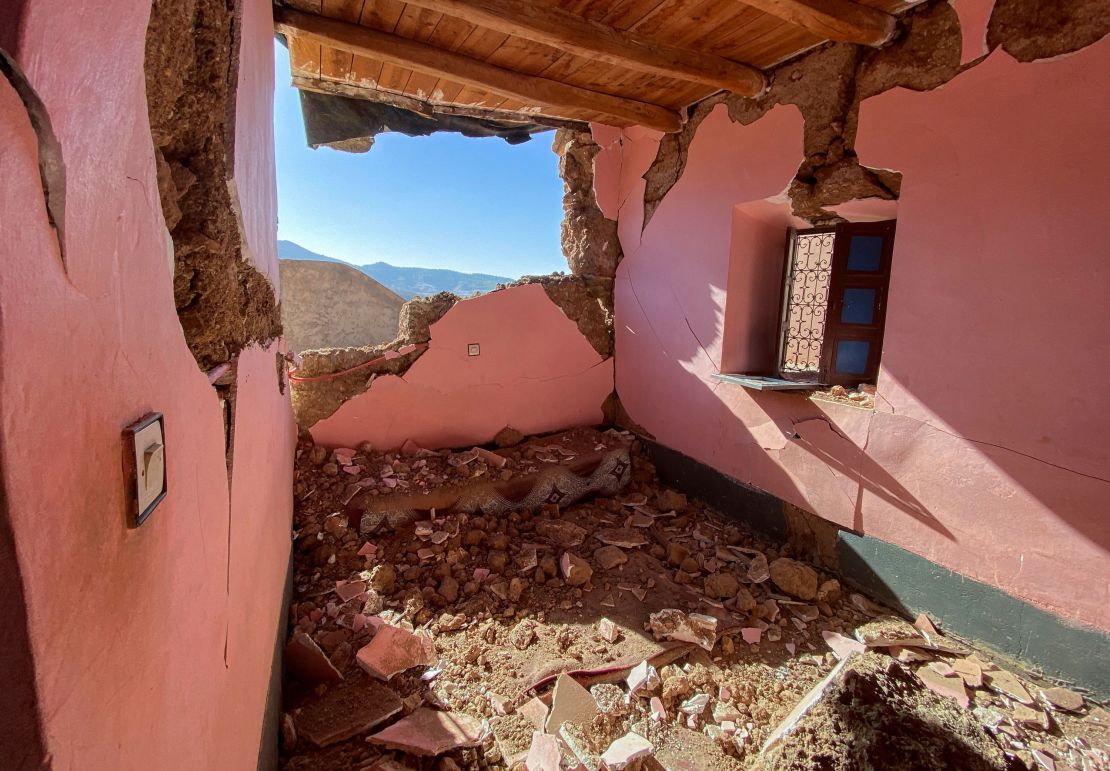 A view shows a building destroyed by the quake in the village of Tansghart, in the Asni area, in southwestern Morocco.