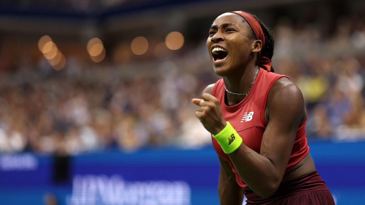 NEW YORK, NEW YORK - SEPTEMBER 09: Coco Gauff of the United States celebrates a point against Aryna Sabalenka of Belarus during their Women's Singles Final match on Day Thirteen of the 2023 US Open at the USTA Billie Jean King National Tennis Center on September 09, 2023 in the Flushing neighborhood of the Queens borough of New York City. (Photo by Elsa/Getty Images)