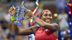 USA's Coco Gauff holds the trophy after defeating Belarus's Aryna Sabalenka in the US Open tennis tournament women's singles final match at the USTA Billie Jean King National Tennis Center in New York City, on September 9, 2023. (Photo by ANGELA WEISS / AFP) (Photo by ANGELA WEISS/AFP via Getty Images)