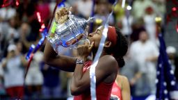 Coco Gauff kisses her trophy after winning the US Open women's singles final at Arthur Ashe Stadium in Queens on Saturday, September 9, 2023.