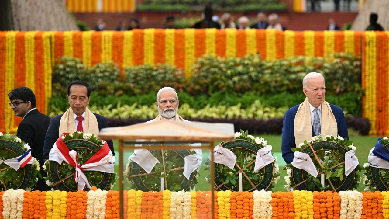 Indonesia's President Joko Widodo, India's Prime Minister Narendra Modi and US President Joe Biden at the Mahatma Gandhi memorial at Rajghat in New Delhi on September 10, 2023. 