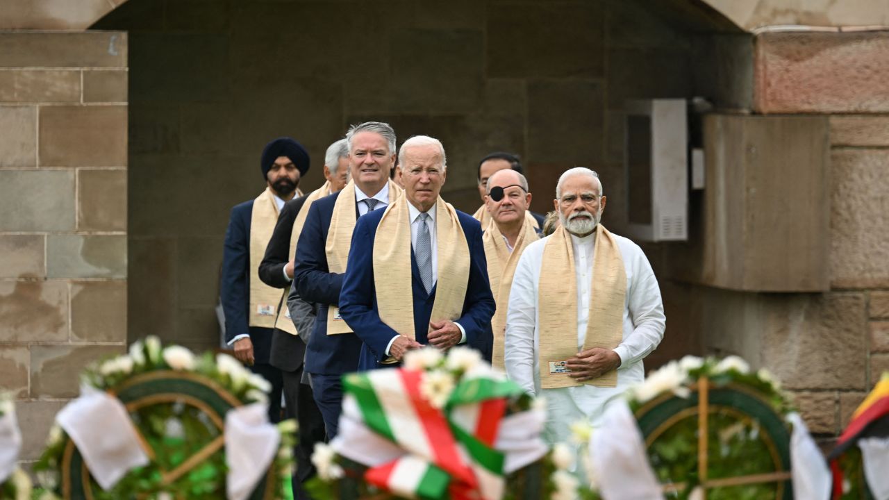 India's Prime Minister Narendra Modi, US President Joe Biden and German Chancellor Olaf Scholz  along with world leaders arrive to pay respect at the Mahatma Gandhi memorial at Rajghat in New Delhi on September 10, 2023. 