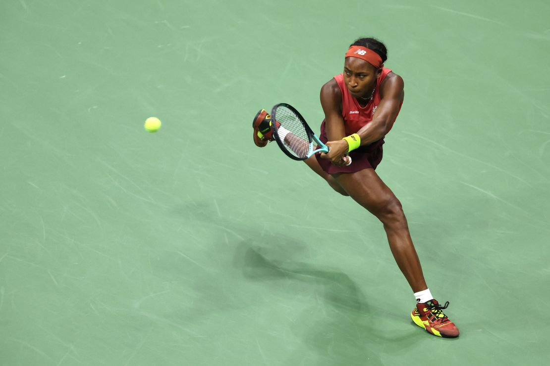 NEW YORK, NEW YORK - SEPTEMBER 9: Coco Gauff of the United States returns a blow against Aryna Sabalenka of Belarus during their women's singles final on day thirteen of the 2023 US Open at the USTA Billie Jean King National Tennis Center on September 9, 2023 in the Flushing neighborhood of Queens in New York City. (Photo by Clive Brunskill/Getty Images)