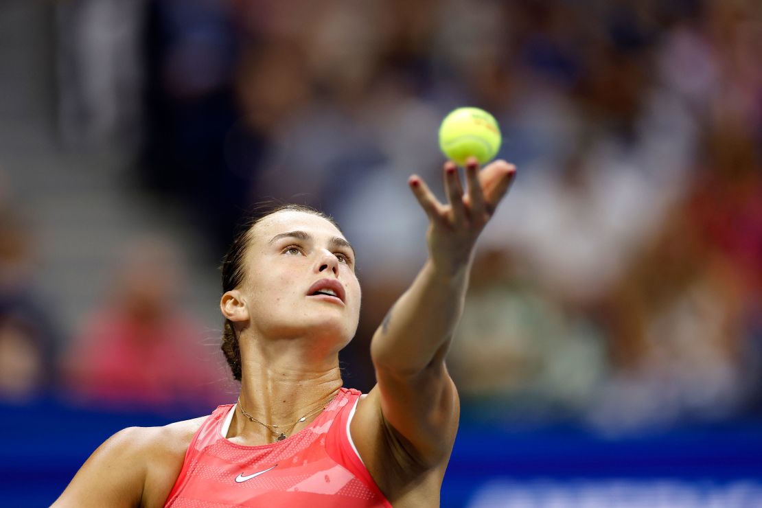 NEW YORK, NEW YORK - SEPTEMBER 09: Aryna Sabalenka of Belarus serves against Coco Gauff of the United States during their Women's Singles Final match on Day Thirteen of the 2023 US Open at the USTA Billie Jean King National Tennis Center on September 09, 2023 in the Flushing neighborhood of the Queens borough of New York City. (Photo by Sarah Stier/Getty Images)