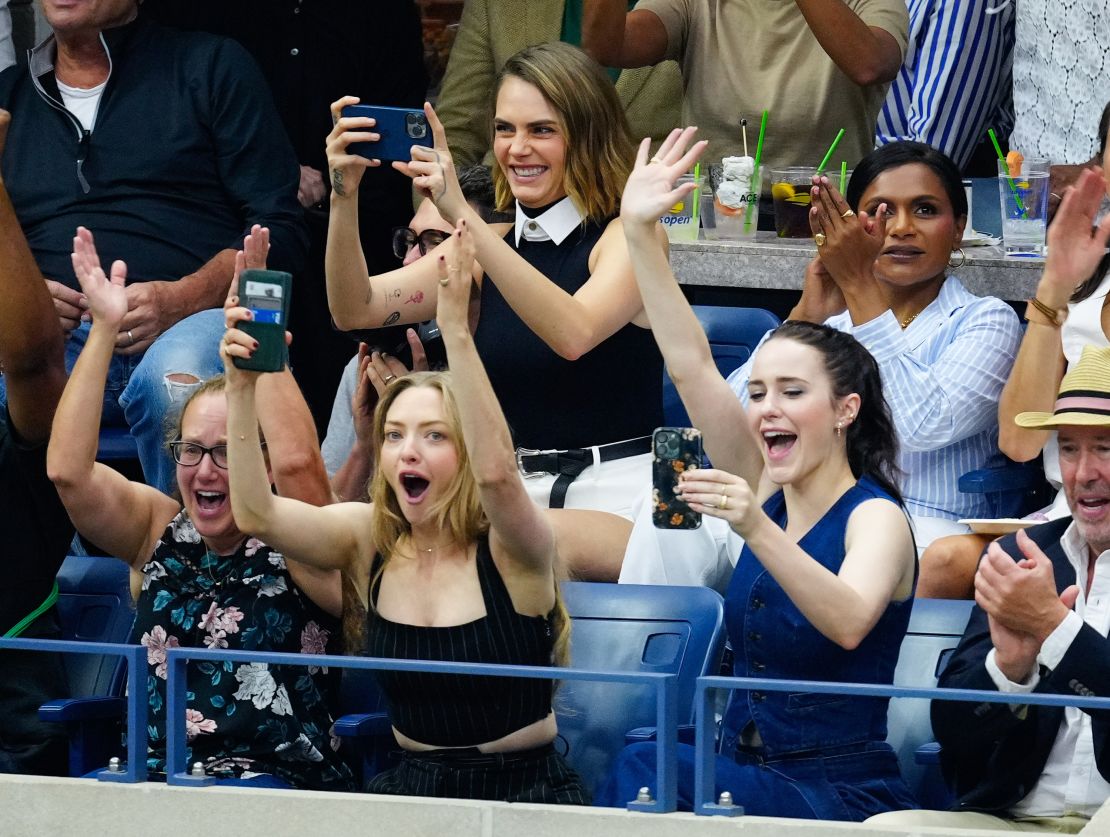 Cara Delevingne, Amanda Seyfried, Mindy Kaling, Rachel Brosnahan are seen at the Final game with Coco Gauff vs. Aryna Sabalenka at the 2023 US Open Tennis Championships on September 09, 2023 in New York City.