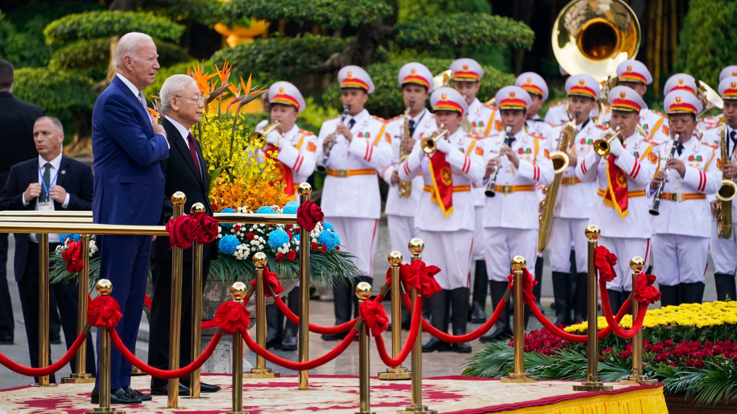 U.S. President Joe Biden participates in a welcome ceremony hosted by Vietnam's Communist Party General Secretary Nguyen Phu Trong at the Presidential Palace in Hanoi, Vietnam, Sunday, Sept. 10, 2023. 