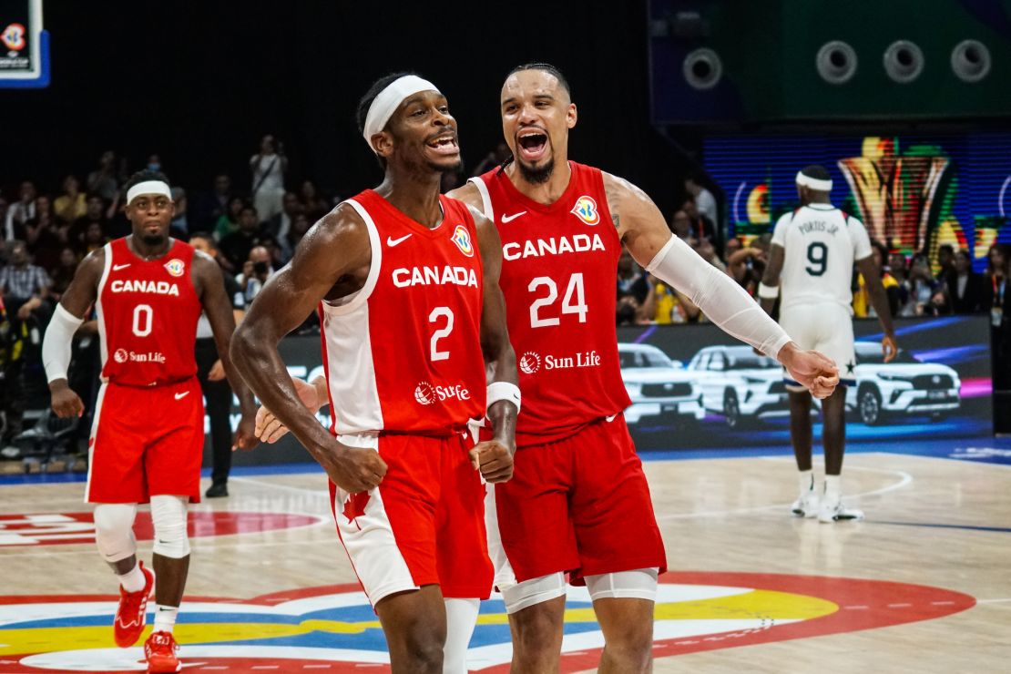 PASAY, PHILIPPINES - SEPTEMBER 10: Players of Team Canada celebrate as they win against Team USA during the match between Team USA and Team Canada  at FIBA World Cup 2023 at Mall of Asia Arena in Pasay, Philippines on September 10, 2023. (Photo by Dante Dennis Diosina Jr II/Anadolu Agency via Getty Images)