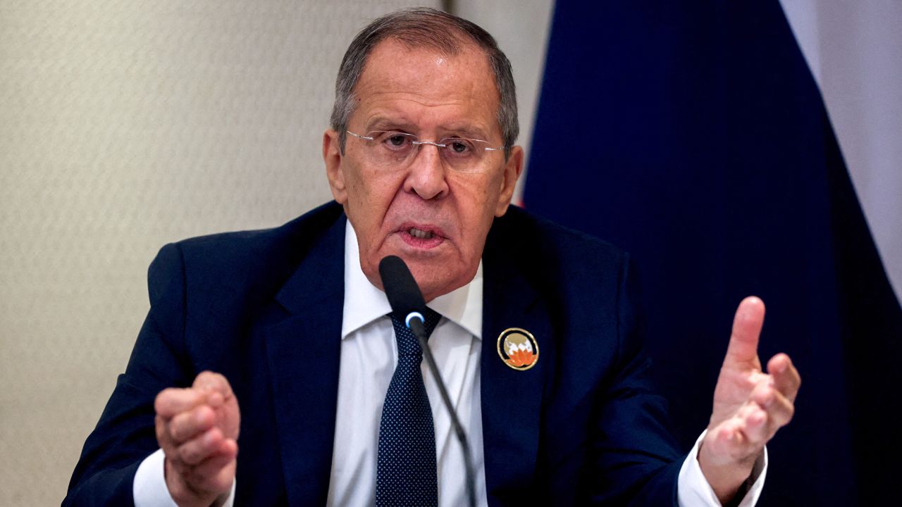 Russian Foreign Minister Sergei Lavrov speaks at a press conference during the G20 summit in New Delhi, India, on September 10, 2023.