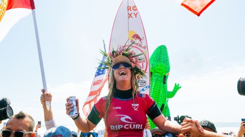 LOWER TRESTLES, CALIFORNIA, UNITED STATES - SEPTEMBER 9: Caroline Marks of the United States after winning the 2023 World Title after Title Match 2 at the Rip Curl WSL Finals on September 9, 2023 at Lower Trestles, California, United States. (Photo by Thiago Diz/World Surf League via Getty Images)